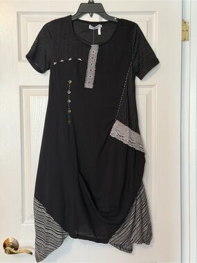 Black Mixed-Media Midi Dress with Lace Trim